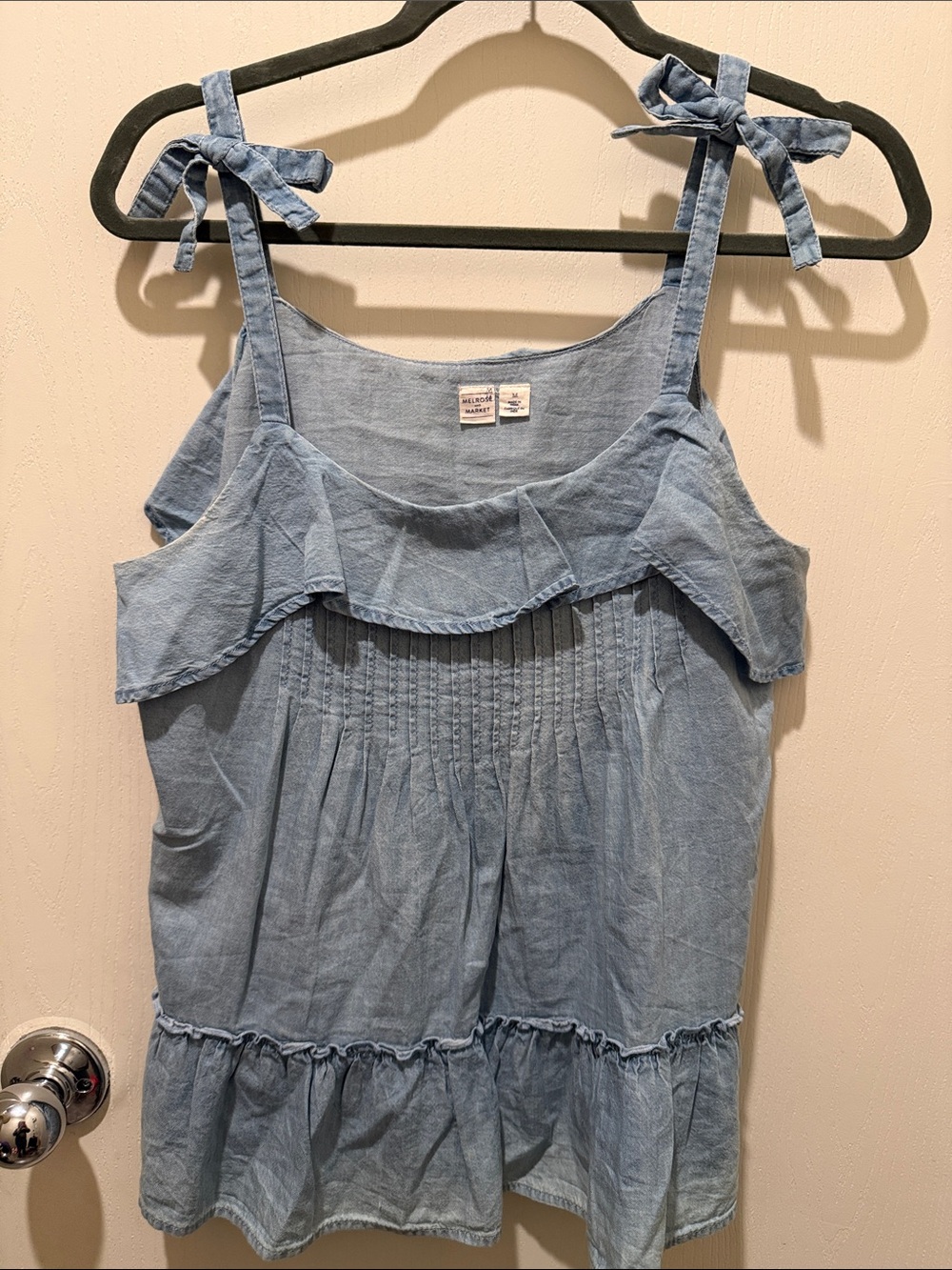 Melrose and Market Light Blue Chambray Tie-Strap Ruffle Tank